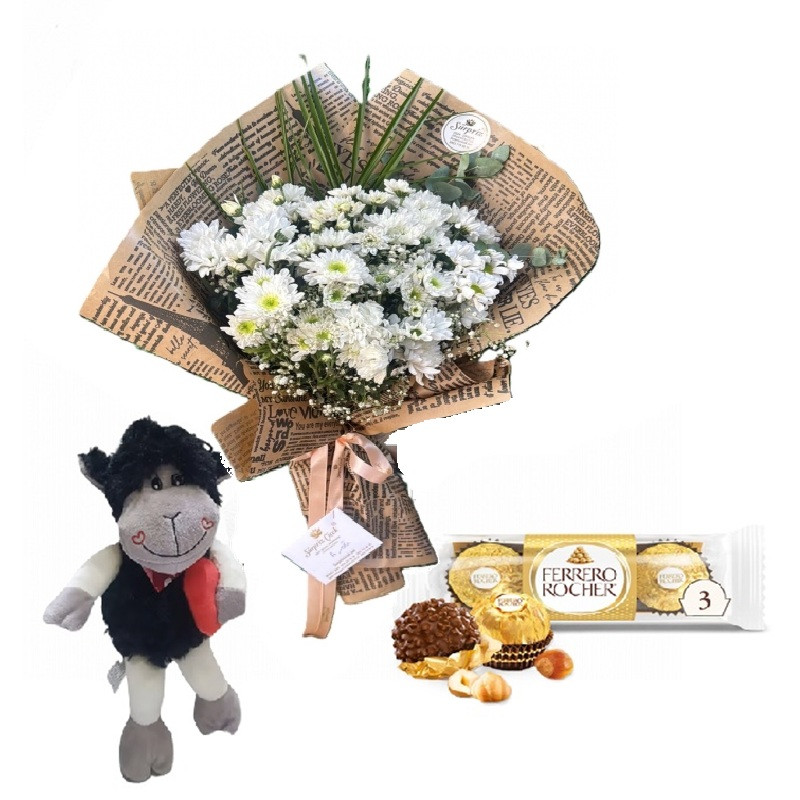 Papatya Buketi kuzu pelüş ve ferero  rocher